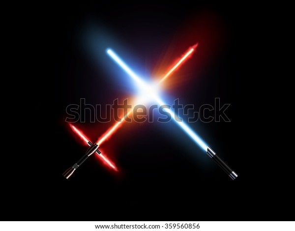 Light saber fight, red and blue isolated on black.\
Lightsaber futuristic weapons war. Sabre sword with fire force.\
Star master weapon equipment. Laser steel swords. Dark and light\
force.