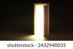 Light shines from a doorway in a dark room. Fills the space with bright white light. Modern minimal concept. 3D render illustration.