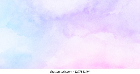 Light sky pink, purple shades and blue watercolor paper textured illustration for grunge design, vintage card, retro templates. Smooth pastel colors wet effect hand drawn canvas aquarelle background. 
