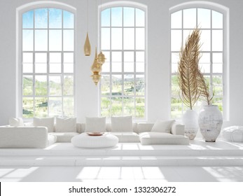 Light And Spacious Bohemian Living Room, Scandi–Boho Style, 3d Render