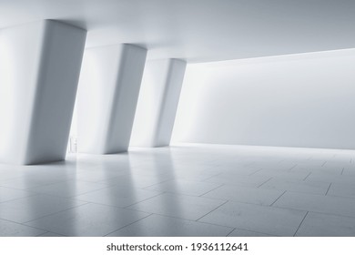 Light spacious presentation hall place with columns, white wall and ceiling and ceramic tiles floor. 3D rendering, mock up
