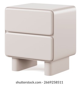 Light square beige bedside table with smooth rounded edges, two spacious drawers, and a two wide legs for modern and stable design. Isolated on white background. 3d render