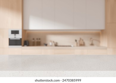 Light stone table on blurred background of wooden kitchen interior, cozy home cooking cabinet with appliances. Mock up copy space for product display. 3D rendering - Powered by Shutterstock