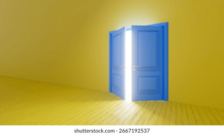Light streaming through an open blue double door in a yellow room illuminates the yellow wooden floor, creating a hopeful and optimistic atmosphere