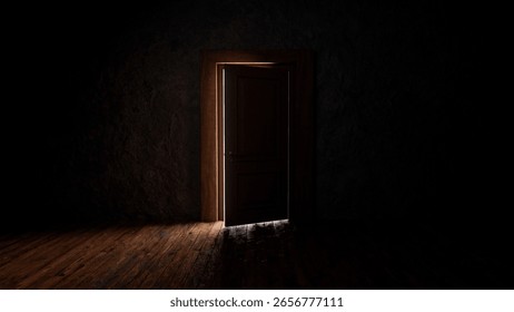 Light streaming through an open door into a shadowy room with a wooden floor creates a captivating blend of mystery and hope, inviting thoughts of opportunity and new beginnings
