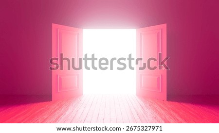 Light streaming through an open pink double door illuminates an empty room with a wooden floor, fostering a sense of hope and optimism for new beginnings and endless possibilities