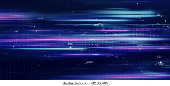 Light And Stripes Moving Fast. Connections, Lines, Squares With Random Scale And Opacity. Technology And Connection Concept. Abstract Digital Background With High Detailed Elements. 3d Rendering
