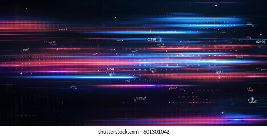 Light and stripes moving fast. Connections, lines, squares with random scale and opacity. Technology and connection concept. Abstract digital background with high detailed elements. 3d rendering