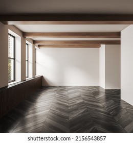 Light Studio Interior With Dark Hardwood Floor, Front View, Empty Open Space Apartment, Panoramic Window On New York City View. No Furniture, No People. 3D Rendering