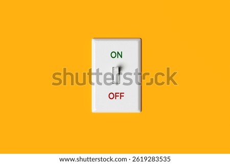 Light switch on yellow background showing on and off state, representing choice, decision, power, and control. 3D render.