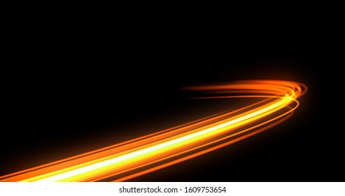 Light trail flash, neon yellow and orange golden glow path trace effect. Light trail wave, fire path trace line, car lights, optic fiber and incandescence curve twirl