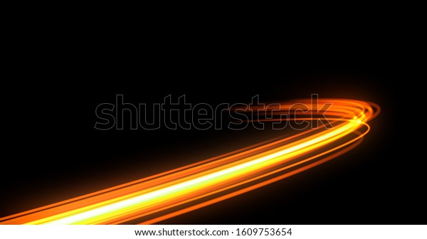 Light trail flash, neon yellow
and orange golden glow path trace effect. Light trail wave, fire
path trace line, car lights, optic fiber and incandescence curve
twirl