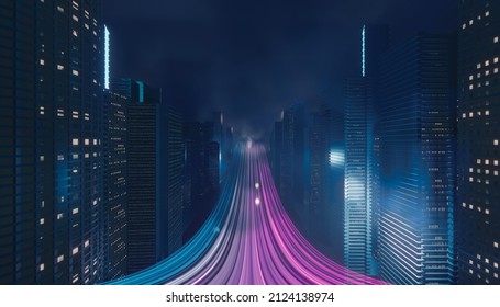 Light Trial effect way with dark neon building technology background. Cyberpunk concept. 3D Illustration rendering.