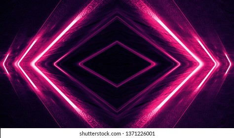Light tunnel, dark long corridor room with neon lamps. Abstract red neon, background with smoke and neon light. Concrete floor, symmetrical reflection and mirroring. 3D illustration.
