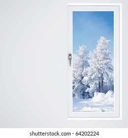 light wall, window and beautiful winter landscape
