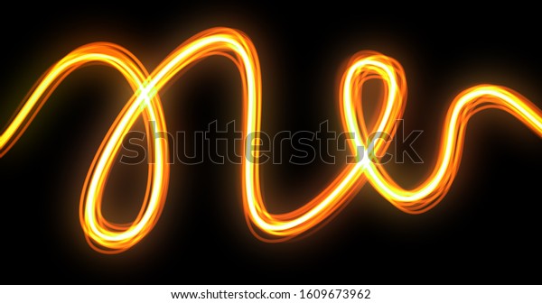 Light wave trail effect with neon glow spiral\
trace path, yellow and orange golden bright glowing flash flare.\
Optic fiber line glow, fire magic light swirl spin in motion on\
black background
