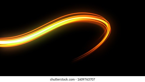 Light Wave Trail Path, Orange Yellow Neon Glowing Flash Spin Trace. Car Lights Glow Effect, Optic Fiber And Magic Bright Light Flare In Motion Curve Swirl On Black Background