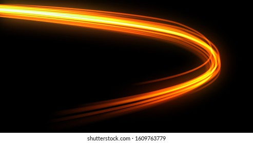 Light Wave Trail Path, Orange Yellow Neon Glowing Flash Curve With Spin Trace. Optic Fiber Glow Effect And Magic Bright Fire Light Flare In Motion Swirl On Black Background