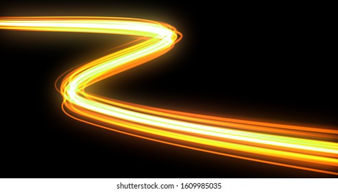 Light Wave With Trail Path, Orange Neon Glowing Flash Trace. Car Lights Trace Effect, Optic Fiber Glow And Magic Bright Light In Motion Curve On Black Background