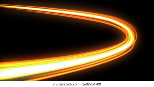 Light Wave Twirl With Neon Glow Trail Spin, Orange Yellow Flash Trace Effect On Black Background. Car Lights Glow, Optic Fiber And Magic Bright Light, Energy Flare Line Curve