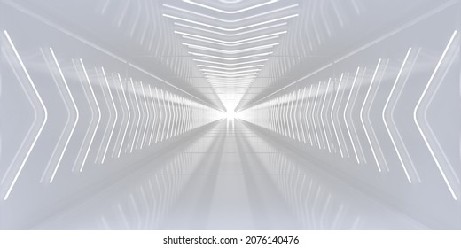 Light White Tunnel With Glowing Neon Arrow Pointers Sign. 3d Illustration.