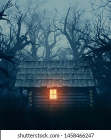 Light from window of an old cabin in haunted forest,3d illustration for your book cover project
