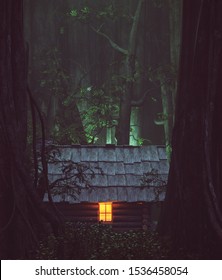 Light from window of an old cabin in haunted forest,3d illustration 
