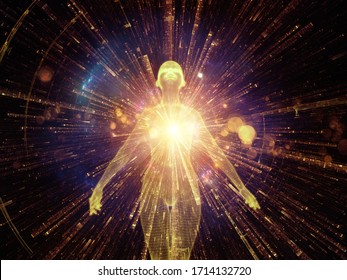 Licht in Serie. 3D-Darstellung der menschlichen Figur, Strahlung von Licht und Fraktalen Elemente zum Thema innere Energie, astrale Dimension und Spiritualität.