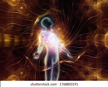 Licht in Serie. 3D-Darstellung der menschlichen Figur, Strahlung von Licht und Fraktalen Elemente zum Thema innere Energie, astrale Dimension und Spiritualität.