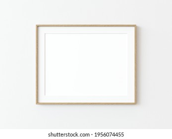 Light Wood Thin Rectangular Horizontal Frame Hanging On A White Textured Wall Mockup, Flat Lay, Top View, 3D Illustration