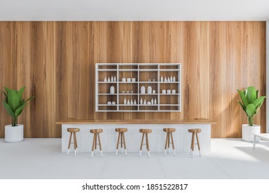 Light Wooden Cafe Interior With Wooden Bar Chairs, Wooden Wall With Bar Counter. Illustration Of Wooden Cafe With Plants, Dining Room 3D Rendering, No People