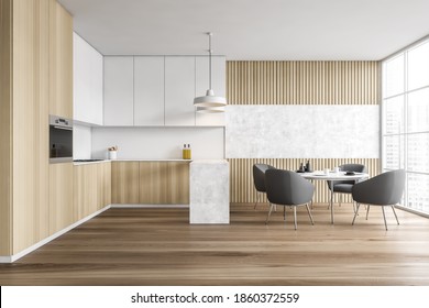 Light Wooden Kitchen And Dining Room In Apartment, White Kitchen Set And Grey Chairs Around A Table With A Big Window On City View 3D Rendering, No People