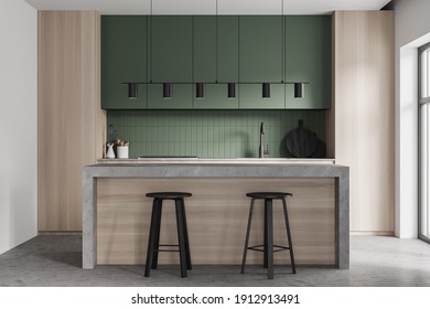 Light Wooden Kitchen Room With Green Kitchen Set, Grey Marble Floor. Eating Table With Chairs Near Window, 3D Rendering No People