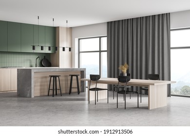 Light Wooden Kitchen Room With Kitchen Set On Grey Marble Floor. Eating Table With Furniture, Window With Curtains And Mountain View, 3D Rendering No People