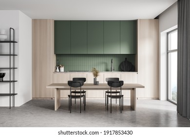 Light Wooden Kitchen Room With Kitchen Set On Grey Marble Floor. Eating Table With Chairs, Curtains And Window, 3D Rendering No People