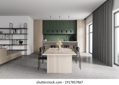 Light Wooden Kitchen Room With Kitchen Set On Grey Marble Floor. Eating Table With Chairs, Bookshelf And Window, 3D Rendering No People