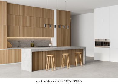 Light Wooden Minimalist Kitchen Set, Side View, Bar Chairs On Marble Floor. Cutting Table In Light Modern Kitchen, 3D Rendering No People