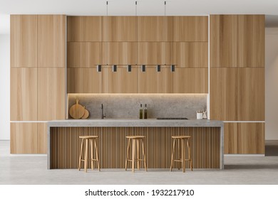 Light Wooden Minimalist Kitchen Set, Front View, Bar Chairs On Marble Floor. Cutting Table In Light Modern Kitchen, 3D Rendering No People