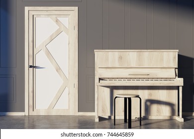 Light Wooden Piano Standing Near A Closed Door In A Living Room. Concept Of Music And Culture. 3d Rendering Mock Up