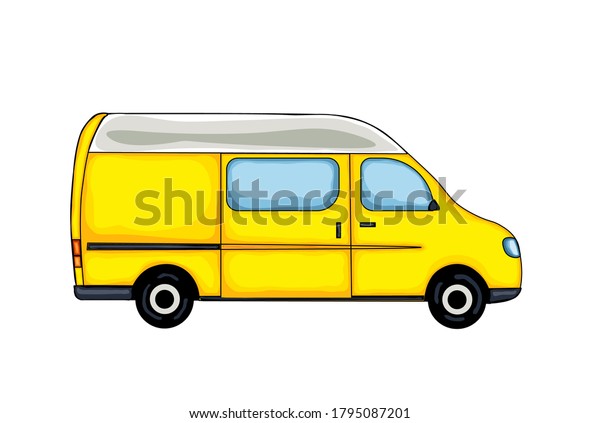 Light yellow hand drawn van, isolated on white\
background. Illustration.\
