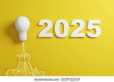 A lightbulb with 2025, symbolizing new ideas for startups. Graphic style on a vibrant yellow background. 3D Rendering - Powered by Shutterstock