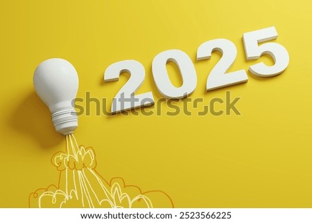 Lightbulb and 2025 text with creative lines on a yellow background. Concept of innovation, new ideas, and future opportunities. 3D Rendering
