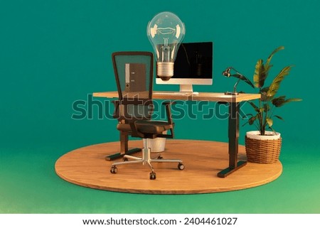 lightbulb flying over clean workspace on wooden desk with adjustable height, chair and plant on wooden floor disk; infinite background; 3D rendering