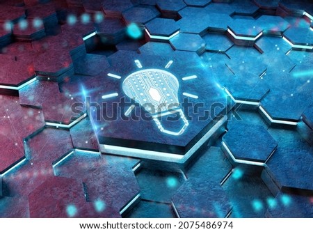 Lightbulb icon creativity concept engraved on blue and pink metal hexagonal pedestral background. Innovation symbol glowing on abstract digital surface. 3d rendering