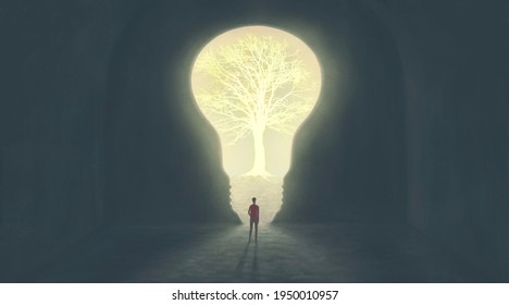 Lightbulb with the tree idea concept art, 3d illustration, surreal artwork, imagination painting, conceptual 