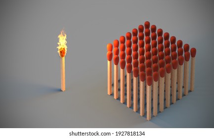lighted match and group of undamaged matches. 3d render. danger concept