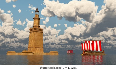 Lighthouse of Alexandria and ancient Greek warships
Computer generated 3D illustration