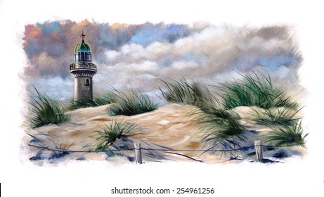 Lighthouse Beach Dunes Oil Painting