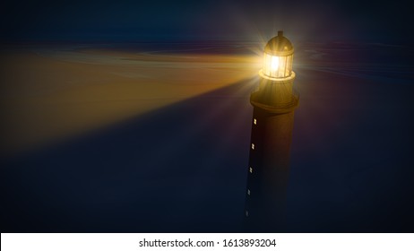 Lighthouse With Beam Of Shining Light In The Blue Dark Night. 3D Illustration.