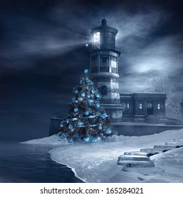 Lighthouse and blue christmas tree